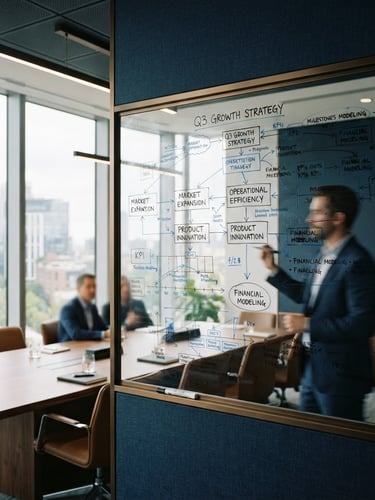 editorial corporate photography of a modern high-end meeting room with soft natural window light, selective focus on a clean glass whiteboard with structured diagrams, deep navy tones, 35mm