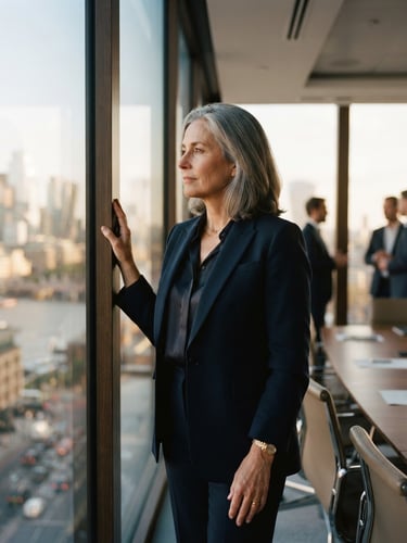 Editorial portrait of a mature business leader in a sunlit modern boardroom, looking thoughtfully out the window, soft natural lighting, shallow depth of field, 35mm