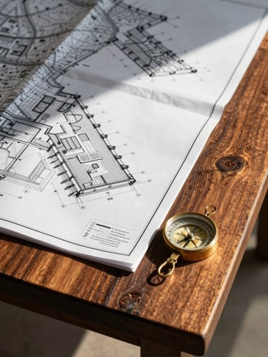 A vertical architectural survey map laid out on dark Zanzibar teak wood, brass compass resting on the corner, sharp midday shadows.