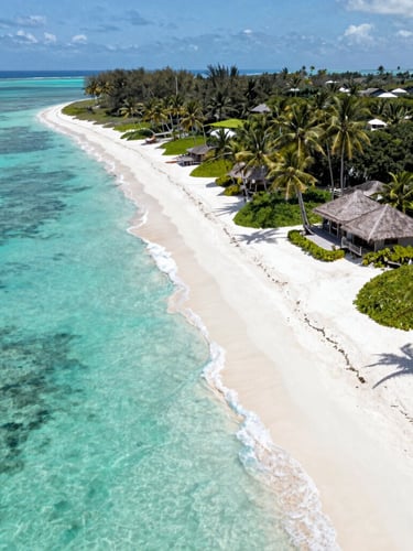 Sweeping aerial drone shot of a pristine Zanzibar coastline, turquoise ocean meeting a white sand spit, a premium eco-lodge nestled in lush tropical palms under crisp midday sun.