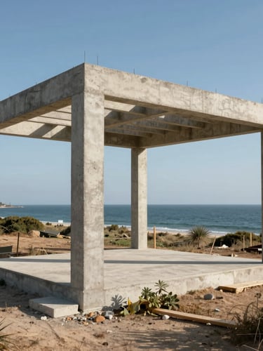 A vertical architectural shot of a concrete villa frame under construction, surveyed coastal land, sharp midday shadows.