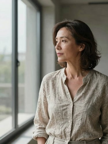Portrait of a mature woman in her late 40s with elegant, natural features, looking thoughtfully out of a large window in a minimalist concrete interior, soft directional daylight, natural shadows, linen clothing, medium shot with negative space.