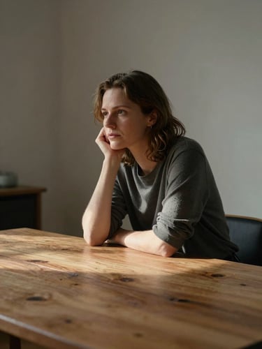 Marlies Scholz sitzt nachdenklich an einem massiven Holztisch in einem lichtdurchfluteten, minimalistischen Raum, weiches Seitenlicht, Blick leicht zur Seite gesenkt, Porträt-Ausschnitt mit viel freiem Raum.
