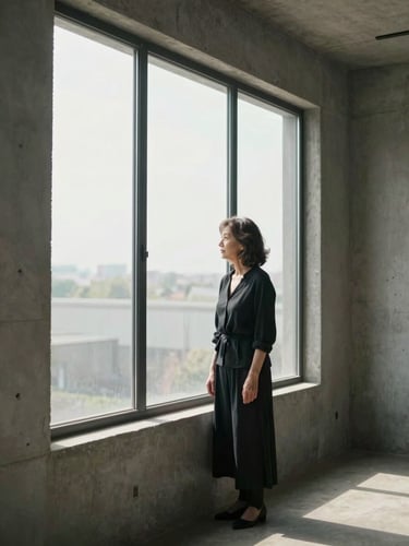 A thoughtful portrait of a mature woman looking out of a large window, soft side daylight casting natural shadows, minimalist concrete interior, medium-long shot with generous negative space.