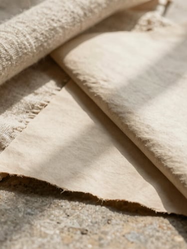 Close-up of high-quality natural linen fabric and heavy handmade paper resting on a stone surface, warm directional daylight, architectural shadows.