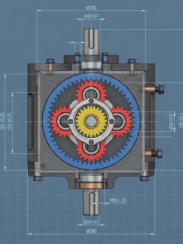 Precise technical 3D CAD render of a complex planetary gearbox assembly, orthographic view, clean slate-blue background, sharp dimension lines, high-contrast engineering software interface style.