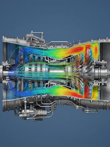 High-resolution 3D CAD model of an aerospace turbine assembly, orthographic projection, sharp metallic edges, clean slate blue backdrop, high-contrast technical rendering.