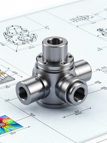 A clean 2D technical manufacturing drawing of a complex mechanical joint with visible dimension lines, tolerances, and annotations on a light blueprint grid.