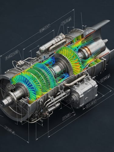 Precise technical 3D CAD render of a complex mechanical turbine assembly, high-contrast, slate background, technical dimension lines, isometric projection.
