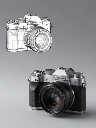 Cinematic studio product shot of a high-end mechanical camera, transitioning from a technical CAD wireframe on the left to a photorealistic textured model on the right, sharp directional key lights, 8k resolution.