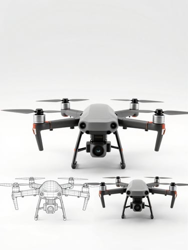 A high-fidelity 3D visualization of a complex drone assembly, showing a transition from a clean technical CAD wireframe on the left to a photorealistic textured model on the right, sharp focus, neutral studio lighting