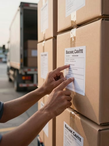 Close-up of a driver's hands checking a shipping label affixed to stacked cargo boxes at a loading dock in Bacoor, Cavite, early morning daylight, concrete floor and truck tailgate visible in background