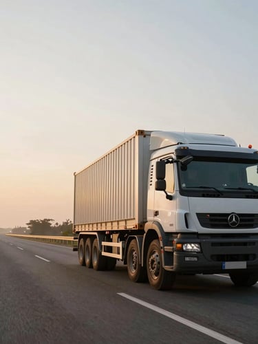 Wide panoramic view from driver's side, a loaded MMAR truck moving along a Cavite highway at early morning light, road stretching ahead to the left, warm golden haze on the horizon, cargo container visible on the flatbed, no other vehicles, low-angle environmental shot