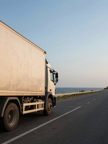 Wide environmental shot of a cargo truck on the coastal road between Bacoor Cavite and Manila Bay at late afternoon, open sky above, water visible in the far background to the right, truck occupying left third of frame