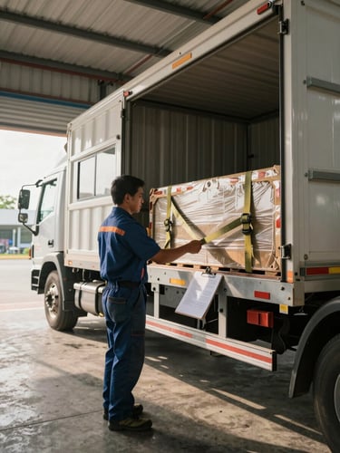 Wide environmental shot of a loading dock in Bacoor Cavite, mid-morning natural light, a driver in work clothes checking cargo straps on a truck flatbed, shipping documents clipped to a clipboard resting on the bumper, concrete floor, open bay doors, no posed expressions