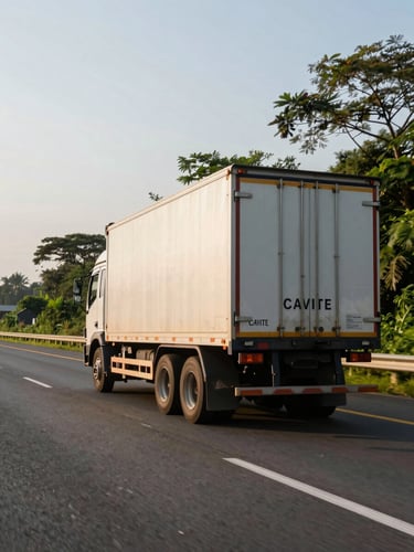 Wide environmental shot from the passenger side of a loaded cargo truck moving along a highway in Cavite, late afternoon natural light, lush roadside vegetation and provincial road visible, sense of motion and scale