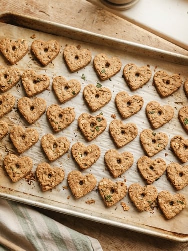 Overhead flat-lay of rustic, heart-shaped dog biscuits on a baking sheet, warm natural window light, soft terracotta and sage tones, shallow depth of field.