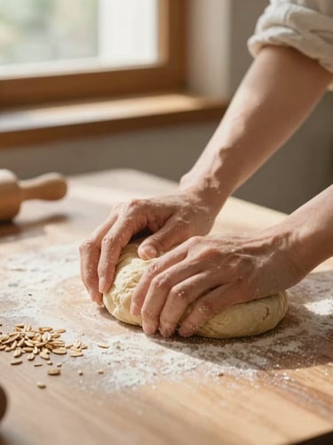 Close-up of a woman's hands kneading rustic dough on a wooden counter, warm sunlight filtering through a window, scattered oats.