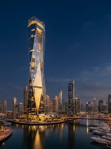 Wide panoramic architectural rendering of a futuristic glass skyscraper in Dubai at dusk, golden hour reflection, deep navy sky, minimalist composition