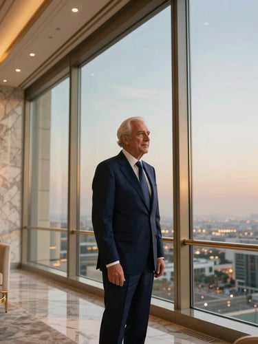 A close-up of a senior advisor in a tailored navy suit standing by a floor-to-ceiling window in a private Dubai lounge, soft dusk light illuminating marble and brass details, wide cinematic framing.