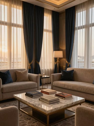 A private luxury lounge in Dubai, elegant neutral furniture, marble coffee table with architectural books, soft golden hour light filtering through sheer curtains