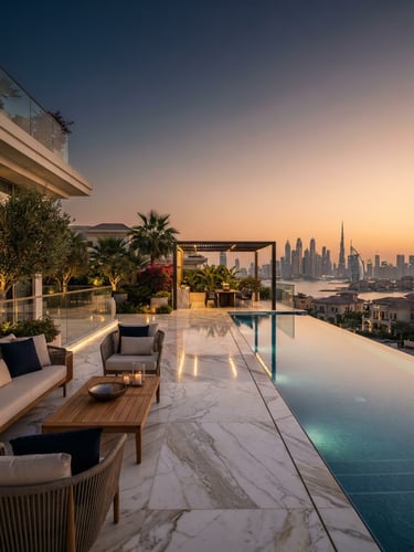 High-end architectural photography of a Palm Jumeirah penthouse terrace at golden hour, marble flooring, infinity pool edge reflecting a soft dusk sky, wide-angle lens