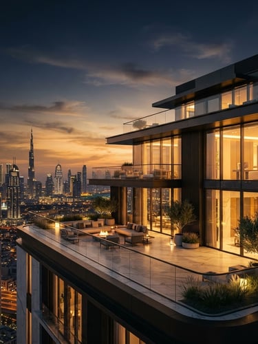 Cinematic portrait of a minimalist Dubai penthouse exterior at sunset, sweeping dusk sky, warm gold light reflecting on glass and marble, wide framing.