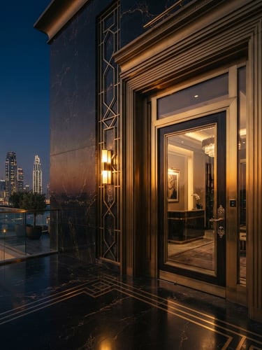 Cinematic wide-angle architectural close-up of a luxury penthouse entrance in Dubai, golden-hour dusk light, marble and brass textures, negative space on the left