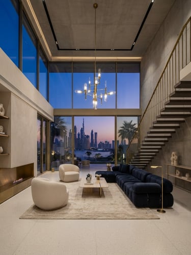 Minimalist interior of a luxury Dubai villa, double-height ceiling with massive glass windows letting in crisp architectural daylight, neutral tones, brass details