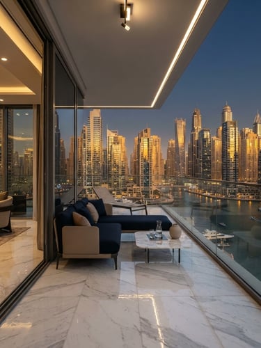 Wide-angle cinematic architectural shot of a minimalist luxury penthouse balcony overlooking the Dubai Marina at golden hour, soft warm light reflecting on marble floors.