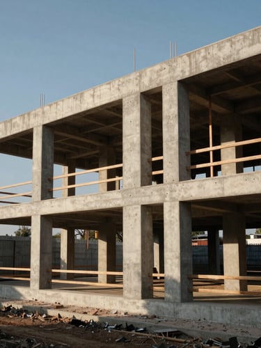 Wide architectural elevation of a modern concrete and steel residential framing structure under construction, dramatic directional morning light, sharp shadows, 35mm lens
