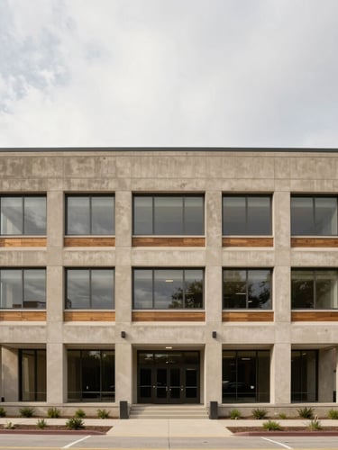 Straight-on architectural elevation of the Mathison/Mathison office in Grand Rapids, Michigan. Soft overcast daylight, warm concrete and timber details visible, 35mm lens.