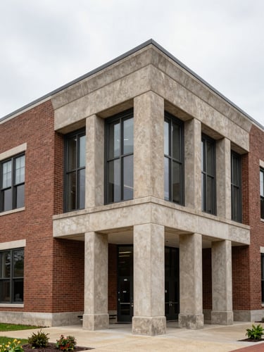 Straight-on elevation of a modern brick and concrete public library in Grand Rapids, Michigan, natural diffused overcast daylight, sharp architectural details