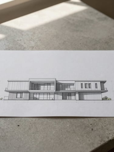 Straight-on architectural elevation drawing resting on a concrete desk, soft natural overhead light, warm gray tones, minimal composition