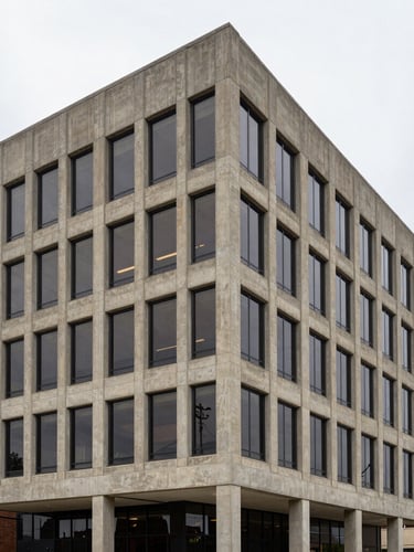 Straight-on elevation of a modern concrete and steel commercial office building in Grand Rapids, Michigan, natural diffused overcast daylight, raw concrete textures, 35mm architectural lens.