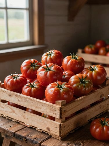 A wide, honest environmental shot of a wooden crate overflowing with fresh-picked heritage tomatoes sitting on a rustic wooden table in a farm shed, soft Scandinavian morning light coming from a side window.