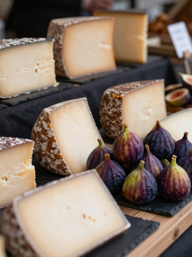 A close-up, Scandinavian-style side-lit shot of a curated market counter with artisanal cheeses, fresh figs, and dark butcher paper.