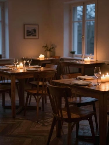 Low-key Scandinavian style dining room at dusk, warm candle light on empty wooden tables, soft side-lighting casting deep shadows, intimate atmosphere, 3:4 portrait aspect