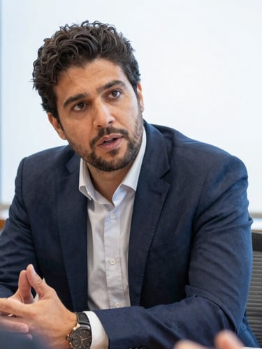 A close-up of Daniel Amorim in deep discussion with executives around a wooden table, crisp daylight, corporate editorial photography