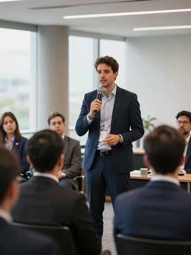 Daniel Amorim speaking live in front of a corporate audience, elegant conference hall, natural daylight, professional corporate setting, 35mm lens