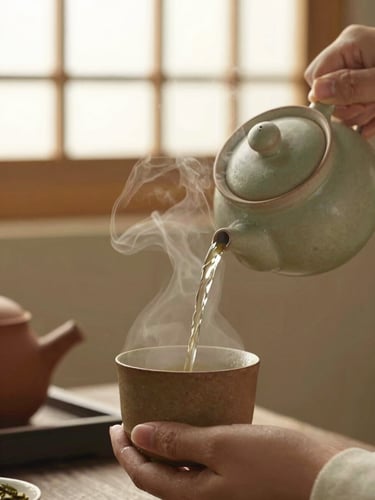 Close-up of hands gently pouring herbal tea from a ceramic teapot into a rustic clay mug, soft-focus steam rising, warm diffused golden-hour light.