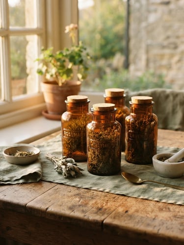 A quiet sunlit wooden table with dried herbs in amber glass jars, soft golden-hour window light, muted sage green tones