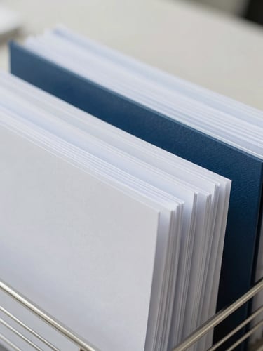 Macro close-up of high-quality organized office documents in a neat metal tray, bright neutral daylight, professional setup