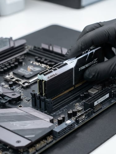 Macro shot of a technician's hands carefully installing RAM into a motherboard, bright neutral studio lighting, crisp details, charcoal and silver tones, clean desk setup.