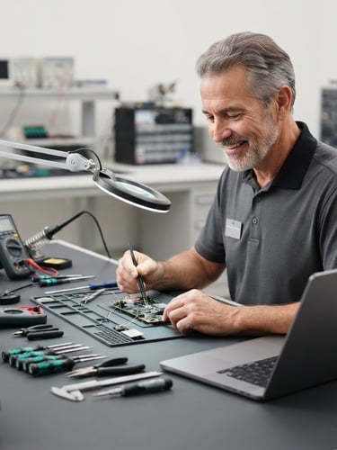 Professional portrait of Fred Gregory, a friendly technician, working at a clean desk with a laptop, precision tools visible, bright neutral studio lighting, crisp details, charcoal and silver tones.