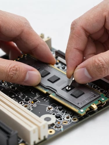 Macro close-up of technician's hands carefully installing RAM into a motherboard, precision tools, bright neutral studio lighting, crisp details, charcoal and silver tones.