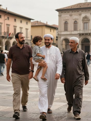 Warm editorial portrait of an Egyptian-Italian family walking together in a historic piazza in Brescia, soft natural daylight, authentic community moment, 35mm
