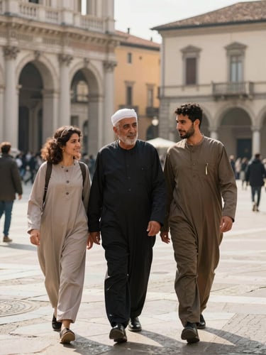 Warm editorial photography of an Egyptian family in Brescia walking together in a historic Italian piazza, natural daylight, soft depth of field, authentic moment