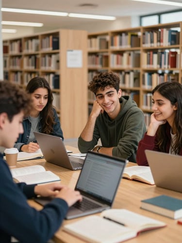 Warm editorial photo of young Egyptian-Italian students studying together in a modern library in Brescia, natural daylight, books and laptops on the table, smiling, authentic atmosphere