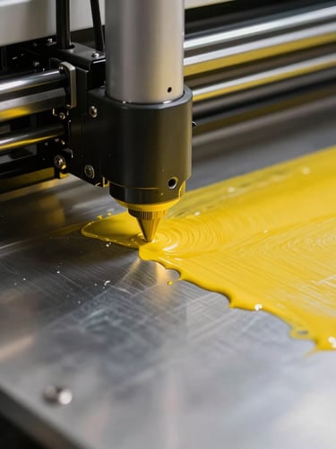 Extreme close-up of a heavy UV flatbed printer nozzle curing vivid yellow ink onto a brushed steel sheet, dramatic workshop lighting, sharp focus on the curing light edge.